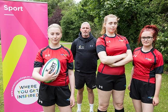 Coventry College female rugby programme learners with coach Pete Glackin