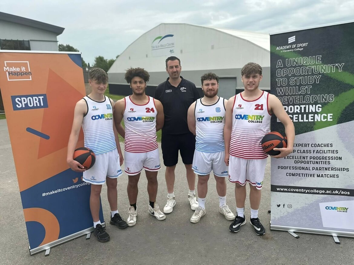 Paul Adams from Coventry Tornadoes with Coventry College Basketball students