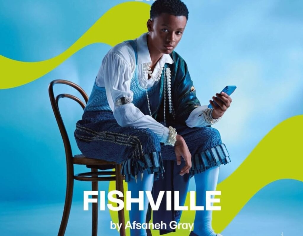 Poster for Fishville with person sat on chair holding phone